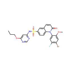 CCCOc1cc(NS(=O)(=O)c2ccc3c(ccc(=O)n3-c3cc(F)c(Br)cc3OC)c2)ncn1 ZINC001772646828