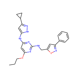 CCCOc1cc(Nc2cc(C3CC3)n[nH]2)nc(NCc2cc(-c3ccccc3)no2)n1 ZINC000034630751