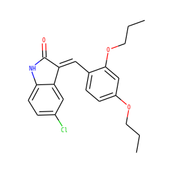 CCCOc1ccc(/C=C2/C(=O)Nc3ccc(Cl)cc32)c(OCCC)c1 ZINC000169346117