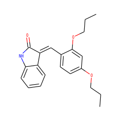 CCCOc1ccc(/C=C2/C(=O)Nc3ccccc32)c(OCCC)c1 ZINC000003369823