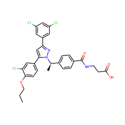 CCCOc1ccc(-c2cc(-c3cc(Cl)cc(Cl)c3)nn2[C@H](C)c2ccc(C(=O)NCCC(=O)O)cc2)cc1Cl ZINC000095117926