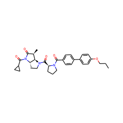 CCCOc1ccc(-c2ccc(C(=O)N3CCC[C@H]3C(=O)N3CC[C@H]4[C@H]3[C@H](C)C(=O)N4C(=O)C3CC3)cc2)cc1 ZINC000027519424