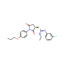 CCCOc1ccc(N2C(=O)C[C@@H](S/C(=N/c3cccc(F)c3)NCC)C2=O)cc1 ZINC000013144078