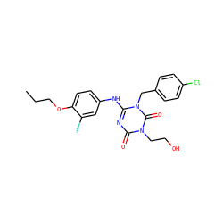 CCCOc1ccc(Nc2nc(=O)n(CCO)c(=O)n2Cc2ccc(Cl)cc2)cc1F ZINC000200511883