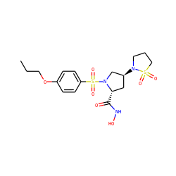 CCCOc1ccc(S(=O)(=O)N2C[C@@H](N3CCCS3(=O)=O)C[C@@H]2C(=O)NO)cc1 ZINC000013835755