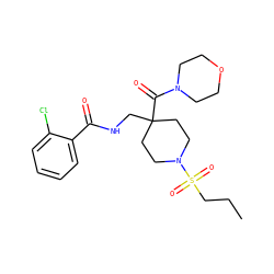 CCCS(=O)(=O)N1CCC(CNC(=O)c2ccccc2Cl)(C(=O)N2CCOCC2)CC1 ZINC000036143466