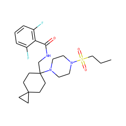 CCCS(=O)(=O)N1CCN(C2(CNC(=O)c3c(F)cccc3F)CCC3(CC3)CC2)CC1 ZINC000095583196