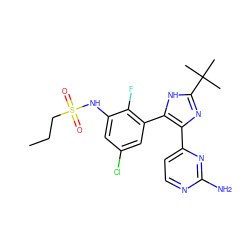CCCS(=O)(=O)Nc1cc(Cl)cc(-c2[nH]c(C(C)(C)C)nc2-c2ccnc(N)n2)c1F ZINC000169694679
