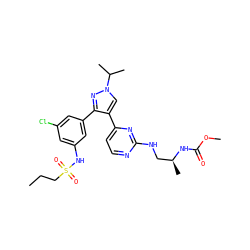 CCCS(=O)(=O)Nc1cc(Cl)cc(-c2nn(C(C)C)cc2-c2ccnc(NC[C@H](C)NC(=O)OC)n2)c1 ZINC000148886928