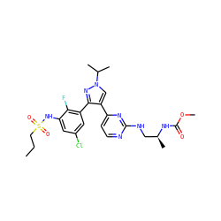 CCCS(=O)(=O)Nc1cc(Cl)cc(-c2nn(C(C)C)cc2-c2ccnc(NC[C@H](C)NC(=O)OC)n2)c1F ZINC000143829336