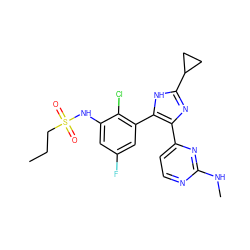 CCCS(=O)(=O)Nc1cc(F)cc(-c2[nH]c(C3CC3)nc2-c2ccnc(NC)n2)c1Cl ZINC000096174588