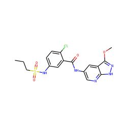 CCCS(=O)(=O)Nc1ccc(Cl)c(C(=O)Nc2cnc3[nH]nc(OC)c3c2)c1 ZINC000072179110