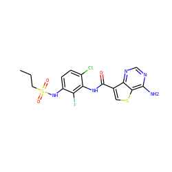 CCCS(=O)(=O)Nc1ccc(Cl)c(NC(=O)c2csc3c(N)ncnc23)c1F ZINC000084669480