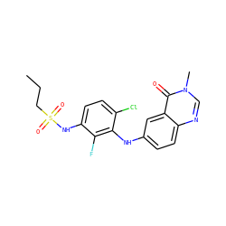 CCCS(=O)(=O)Nc1ccc(Cl)c(Nc2ccc3ncn(C)c(=O)c3c2)c1F ZINC000169308829