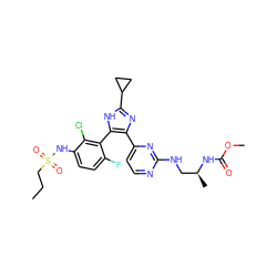 CCCS(=O)(=O)Nc1ccc(F)c(-c2[nH]c(C3CC3)nc2-c2ccnc(NC[C@H](C)NC(=O)OC)n2)c1Cl ZINC000169694664