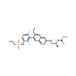 CCCS(=O)(=O)Nc1ccc(F)c(-c2cc3cnc(NC[C@H](C)NC(=O)OC)cc3cc2CC)c1F ZINC000210469532