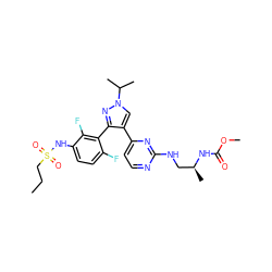 CCCS(=O)(=O)Nc1ccc(F)c(-c2nn(C(C)C)cc2-c2ccnc(NC[C@H](C)NC(=O)OC)n2)c1F ZINC000146862315