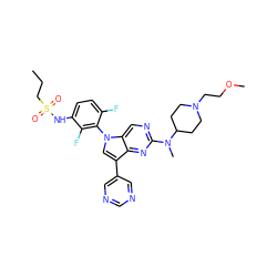 CCCS(=O)(=O)Nc1ccc(F)c(-n2cc(-c3cncnc3)c3nc(N(C)C4CCN(CCOC)CC4)ncc32)c1F ZINC000169709998
