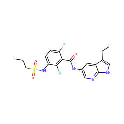 CCCS(=O)(=O)Nc1ccc(F)c(C(=O)Nc2cnc3[nH]cc(CC)c3c2)c1F ZINC000072180375