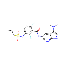 CCCS(=O)(=O)Nc1ccc(F)c(C(=O)Nc2cnc3[nH]cc(N(C)C)c3c2)c1F ZINC000117058790