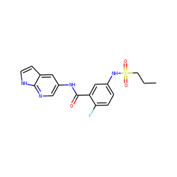CCCS(=O)(=O)Nc1ccc(F)c(C(=O)Nc2cnc3[nH]ccc3c2)c1 ZINC000072180449