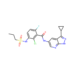 CCCS(=O)(=O)Nc1ccc(F)c(C(=O)Nc2cnc3[nH]nc(C4CC4)c3c2)c1Cl ZINC000043207240