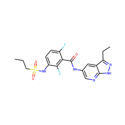 CCCS(=O)(=O)Nc1ccc(F)c(C(=O)Nc2cnc3[nH]nc(CC)c3c2)c1F ZINC000072180707