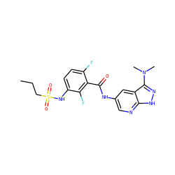CCCS(=O)(=O)Nc1ccc(F)c(C(=O)Nc2cnc3[nH]nc(N(C)C)c3c2)c1F ZINC000073200140