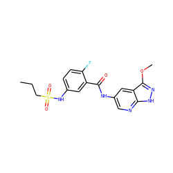 CCCS(=O)(=O)Nc1ccc(F)c(C(=O)Nc2cnc3[nH]nc(OC)c3c2)c1 ZINC000072178913