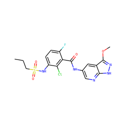 CCCS(=O)(=O)Nc1ccc(F)c(C(=O)Nc2cnc3[nH]nc(OC)c3c2)c1Cl ZINC000073222150