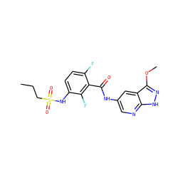 CCCS(=O)(=O)Nc1ccc(F)c(C(=O)Nc2cnc3[nH]nc(OC)c3c2)c1F ZINC000072181235