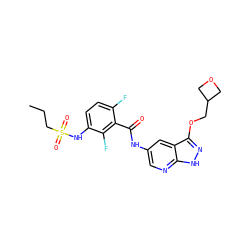 CCCS(=O)(=O)Nc1ccc(F)c(C(=O)Nc2cnc3[nH]nc(OCC4COC4)c3c2)c1F ZINC000072180055