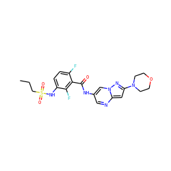 CCCS(=O)(=O)Nc1ccc(F)c(C(=O)Nc2cnc3cc(N4CCOCC4)nn3c2)c1F ZINC000084651940
