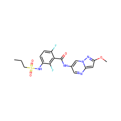 CCCS(=O)(=O)Nc1ccc(F)c(C(=O)Nc2cnc3cc(OC)nn3c2)c1F ZINC000084651941