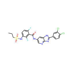 CCCS(=O)(=O)Nc1ccc(F)c(C(=O)Nc2cnc3nc(-c4ccc(Cl)c(Cl)c4)[nH]c3c2)c1F ZINC000096937593