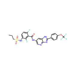 CCCS(=O)(=O)Nc1ccc(F)c(C(=O)Nc2cnc3nc(-c4ccc(OC(F)(F)F)cc4)[nH]c3c2)c1F ZINC000043207322