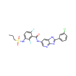 CCCS(=O)(=O)Nc1ccc(F)c(C(=O)Nc2cnc3nc(-c4cccc(Cl)c4)[nH]c3c2)c1F ZINC000096937596
