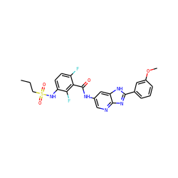 CCCS(=O)(=O)Nc1ccc(F)c(C(=O)Nc2cnc3nc(-c4cccc(OC)c4)[nH]c3c2)c1F ZINC000043207325