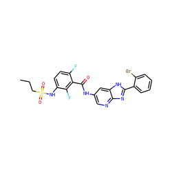 CCCS(=O)(=O)Nc1ccc(F)c(C(=O)Nc2cnc3nc(-c4ccccc4Br)[nH]c3c2)c1F ZINC000096937591