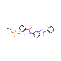 CCCS(=O)(=O)Nc1ccc(F)c(C(=O)Nc2cnc3nc(-c4ccccc4Cl)[nH]c3c2)c1F ZINC000096937590