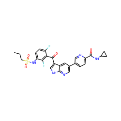 CCCS(=O)(=O)Nc1ccc(F)c(C(=O)c2c[nH]c3ncc(-c4ccc(C(=O)NC5CC5)nc4)cc23)c1F ZINC000113515059