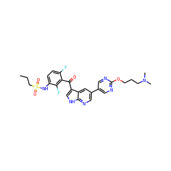 CCCS(=O)(=O)Nc1ccc(F)c(C(=O)c2c[nH]c3ncc(-c4cnc(OCCCN(C)C)nc4)cc23)c1F ZINC000113506145