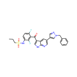 CCCS(=O)(=O)Nc1ccc(F)c(C(=O)c2c[nH]c3ncc(-c4cnn(Cc5ccccc5)c4)cc23)c1F ZINC000142545495