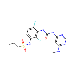 CCCS(=O)(=O)Nc1ccc(F)c(NC(=O)Nc2cc(NC)ncn2)c1F ZINC000084712314