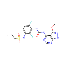 CCCS(=O)(=O)Nc1ccc(F)c(NC(=O)Nc2ncnc3[nH]nc(OC)c23)c1F ZINC000072317572