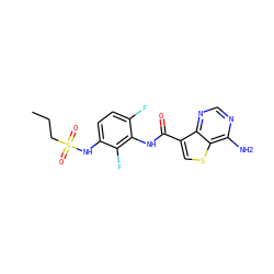 CCCS(=O)(=O)Nc1ccc(F)c(NC(=O)c2csc3c(N)ncnc23)c1F ZINC000084669114
