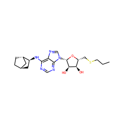 CCCSC[C@H]1O[C@@H](n2cnc3c(N[C@H]4C[C@H]5CC[C@H]4C5)ncnc32)[C@H](O)[C@@H]1O ZINC000101145414
