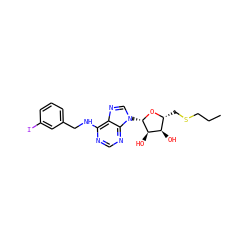 CCCSC[C@H]1O[C@@H](n2cnc3c(NCc4cccc(I)c4)ncnc32)[C@H](O)[C@@H]1O ZINC000049771310