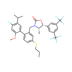 CCCSc1ccc(-c2cc(C(C)C)c(F)cc2OC)c(CN2C(=O)O[C@H](c3cc(C(F)(F)F)cc(C(F)(F)F)c3)[C@@H]2C)c1 ZINC000082164628