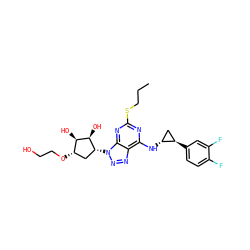 CCCSc1nc(N[C@@H]2C[C@H]2c2ccc(F)c(F)c2)c2nnn([C@@H]3C[C@H](OCCO)[C@@H](O)[C@H]3O)c2n1 ZINC000028957444